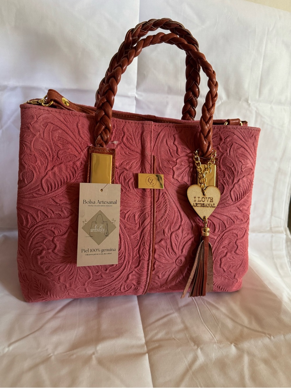 Artisanal Embossed Leather Tote Bag in Mauve Pink